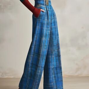 Blue Plaid Women's Wide-Leg Pants